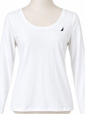 Nautica White Long-Sleeve Scoop Neck Tee with Navy Sail Logo